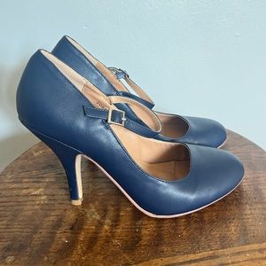 Blue Over the Foot Strap Heels